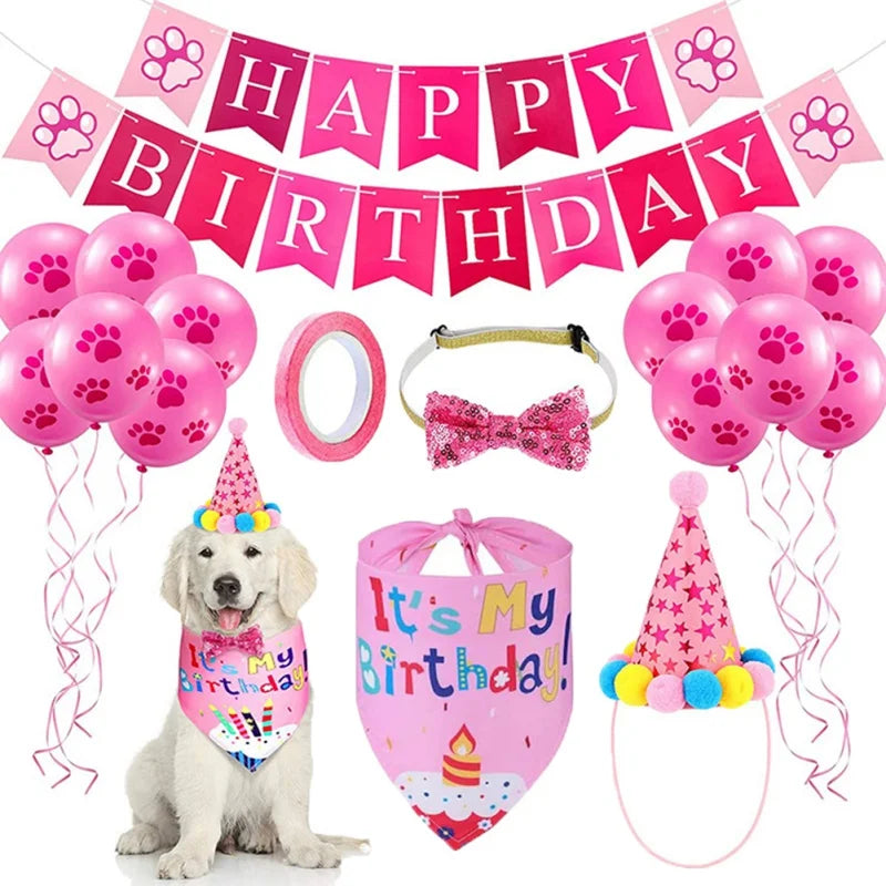 Pets Happy Birthday Decoration Dog Costume Hats Bowknot Bandana Neckerchief Bibs Banners Party Cat Dog Pets Accessories